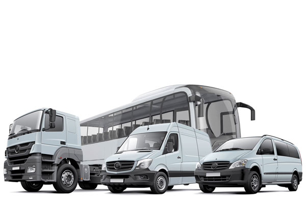 MSA Fleet Consulting | SAP® Beratung 1 Fuhrpark mit LKW, Lieferwagen, Multivan und einem Bus im Hintergrund